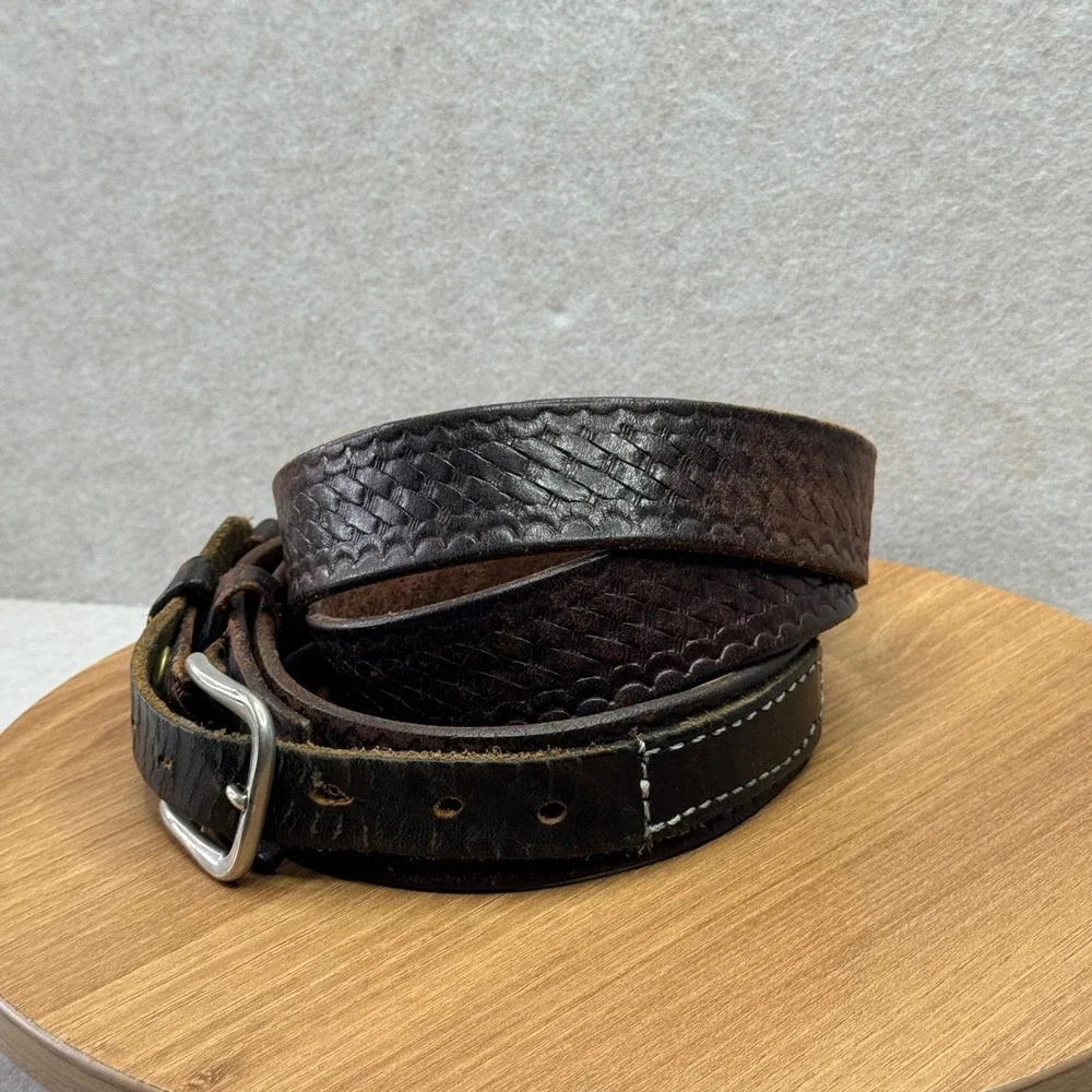 Distressed Leather Woven Embossed Belt‎ Silver Buckle Brown Well Worn Size 50